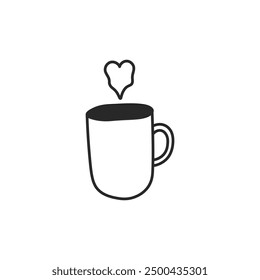 Outline Mug with Heart Shaped Steam Doodle Icon. Hand drawn hot drink cup. Tea or coffee symbol. Isolated vector illustration