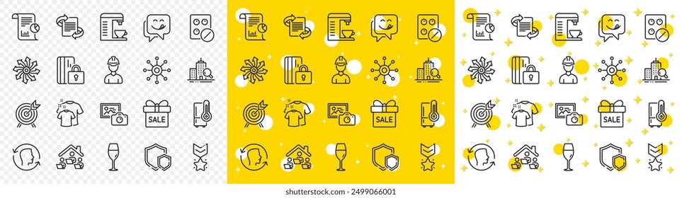 Outline Multichannel, Face id and Work home line icons pack for web with Refrigerator, Versatile, Inspect line icon. Medical tablet, Report, Clean t-shirt pictogram icon. Yummy smile. Vector