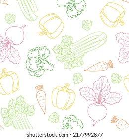 Outline multicolored vegetables background. Vector seamless pattern with food icons. Simple illustration of carrot, broccoli, celery bunch and leaf, beetroot and bell pepper .