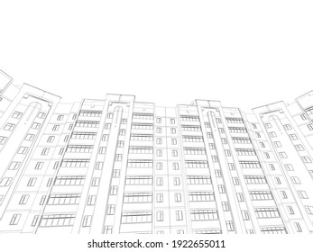 The outline of a multi-storey residential building. Bottom view. 3D. Vector illustration