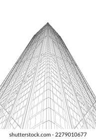 Outline of a multi-storey skyscraper from black lines isolated on a white background. Bottom view. 3D. Vector illustration.