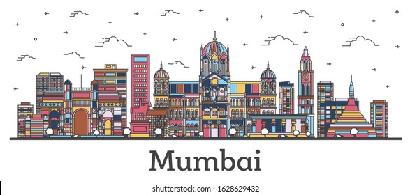 Outline Mumbai India City Skyline with Color Buildings Isolated on White. Vector Illustration. Bombay Cityscape with Landmarks.