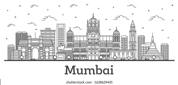 Outline Mumbai India City Skyline with Historic Buildings Isolated on White. Vector Illustration. Bombay Cityscape with Landmarks.