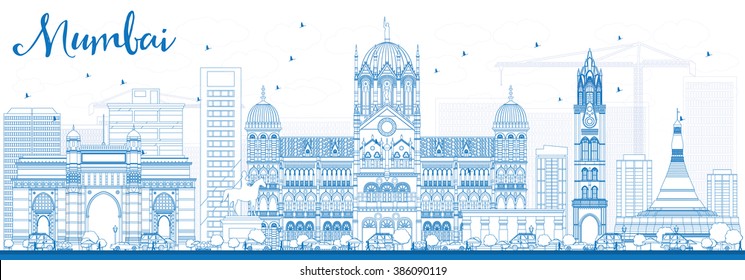 Outline Mumbai Skyline with Blue Landmarks. Vector Illustration. Business Travel and Tourism Concept with Historic Buildings. Image for Presentation Banner Placard and Web Site.