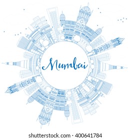Outline Mumbai Skyline With Blue Landmarks. Vector Illustration. Business Travel And Tourism Concept With Copy Space. Image For Presentation Banner Placard And Web Site.