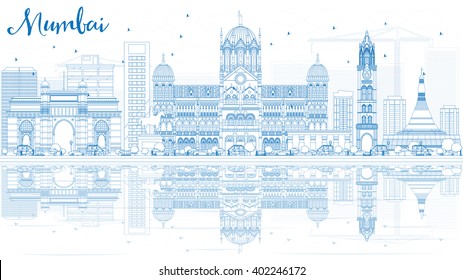 Outline Mumbai Skyline with Blue Landmarks and Reflections. Vector Illustration. Business Travel and Tourism Concept with Historic Buildings. Image for Presentation Banner Placard and Web Site.