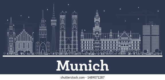 Outline Munich Germany City Skyline with White Buildings. Vector Illustration. Business Travel and Concept with Historic Architecture. Munich Cityscape with Landmarks. 