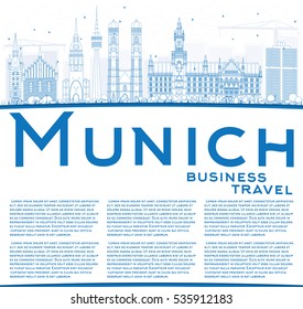 Outline Munich Skyline with Blue Buildings and Copy Space. Vector Illustration. Business Travel and Tourism Concept with Historic Architecture. Image for Presentation Banner Placard and Web Site