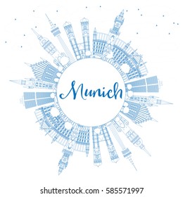 Outline Munich Skyline with Blue Buildings and Copy Space. Vector Illustration. Business Travel and Tourism Concept with Historic Architecture. Image for Presentation Banner Placard and Web Site