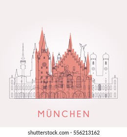 Outline Munich vintage skyline with landmarks. Vector illustration. Business travel and tourism concept with historic buildings. Image for presentation, banner, placard and web site.