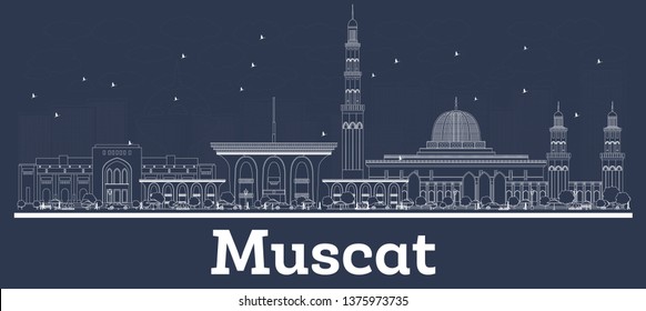 Outline Muscat Oman City Skyline With White Buildings. Vector Illustration. Business Travel And Concept With Modern Architecture. Muscat Cityscape With Landmarks.