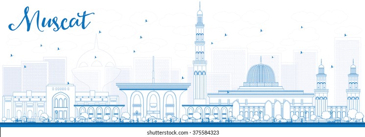 Outline Muscat Skyline With Blue Buildings. Vector Illustration. Business Travel And Tourism Concept With Historic Buildings. Image For Presentation Banner Placard And Web Site.