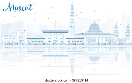 Outline Muscat Skyline with Blue Buildings and Reflections. Vector illustration. Business Travel and Tourism Concept with Historic Buildings. Image for Presentation Banner Placard and Web Site.