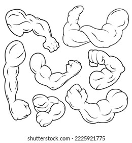 Outline muscular hand collection. Muscle arm vector illustration