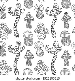 Outline mushroom isolated on white background. Abstract coloring book element. Seamless graphical pattern.