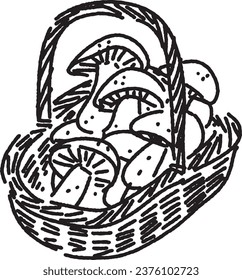 Outline of mushrooms in basket. harvest Carrier. fruit fiesta pack. vegetable Holder. fruitful delights. veggie medley. organic bliss basket. ripe and ready.