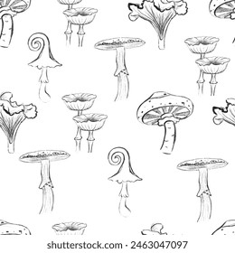 Outline mushrooms seamless pattern. Poisonous and edible mushroom, chanterelle, cep, amanita and truffle. Autumn forest fungi. Food plant, botanical design elements. Vector flat isolated on background