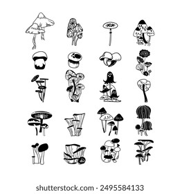 Outline Mushrooms Vector Set. Forest fungi Hand Drawn Illustrations. Black line Edible and Poison Fungus Isolated on white background