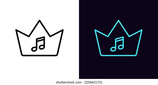 Outline music crown icon, with editable stroke. Royal crown frame with music note sign, premium sound pictogram. Music kingdom and sound empire, luxury royal party, best songs. Vector icon