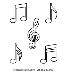 Outline Music Notes Vector Set, Treble Clef and Musical Symbols in Line Art Style.
