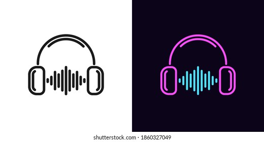 Outline music wave icon with editable stroke. Linear headphones with sound wave, soundtrack. DJ play, listen to music, radio podcast, sound record studio. Vector icon, sign, symbol for UI Animation