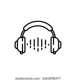 Outline music wave icon with editable stroke. Linear headphones with sound wave, soundtrack. DJ play, listen to music, radio podcast, sound record studio. Vector icon, sign, symbol for UI Animation