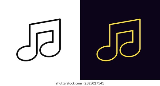 Outline musical note icon, with editable stroke. Music note shape, outline golden silhouette. Melody sound, music festival, audio podcast record, musical game show, karaoke, disco party. Vector icon