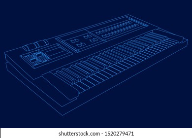 The outline of a musical synthesizer. Wireframe of a keyboard musical synthesizer of blue lines on a dark background. Perspective view. Vector illustration.