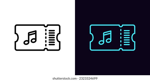 Outline musical ticket icon, with editable stroke. Ticket with music note sign, gift coupon for sound show. Pass card for dance festival and disco party, musical concert and performance. Vector icon