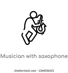 outline musician with saxophone vector icon. isolated black simple line element illustration from music concept. editable vector stroke musician with saxophone icon on white background