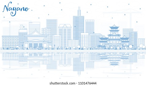 Outline Nagano Japan City Skyline with Blue Buildings and Reflections. Vector Illustration. Business Travel and Tourism Concept with Modern Architecture. Nagano Cityscape with Landmarks.