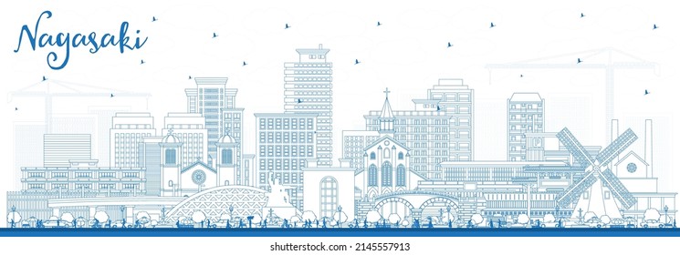 Outline Nagasaki Japan City Skyline with Blue Buildings. Vector Illustration. Nagasaki Cityscape with Landmarks. Business Travel and Tourism Concept with Historic Architecture.