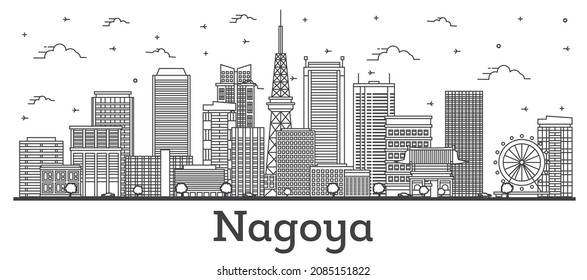 Outline Nagoya Japan City Skyline with Modern Buildings Isolated on White. Vector Illustration. Nagoya Cityscape with Landmarks.