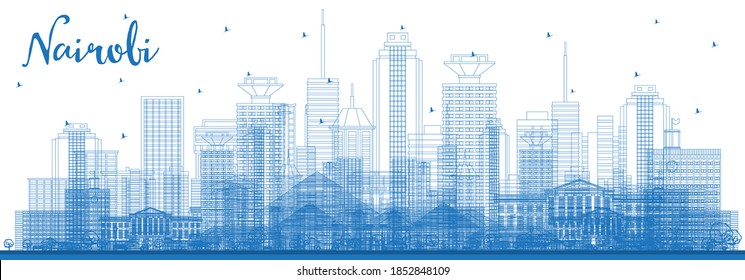 Outline Nairobi Kenya City Skyline with Blue Buildings. Vector Illustration. Business Travel and Tourism Concept with Modern Architecture. Nairobi Cityscape with Landmarks. 