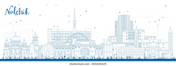 Outline Nalchik Russia city skyline with blue buildings. Vector illustration. Nalchik cityscape with landmarks. Business travel and tourism concept with modern and historic architecture.