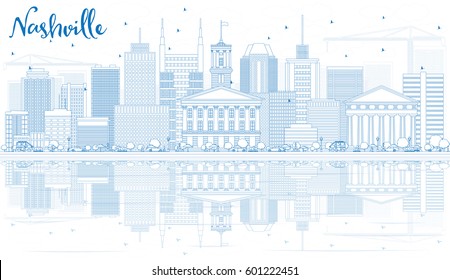 Outline Nashville Skyline with Blue Buildings and Reflections. Vector Illustration. Business Travel and Tourism Concept with Modern Architecture. Image for Presentation Banner Placard and Web Site.