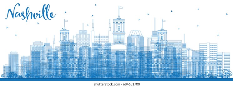 Outline Nashville Skyline with Blue Buildings. Vector Illustration. Business Travel and Tourism Concept with Modern Architecture. Image for Presentation Banner Placard and Web Site.