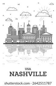 Outline Nashville USA city skyline with modern, historic buildings and reflections isolated on white. Vector illustration. Nashville cityscape with landmarks.
