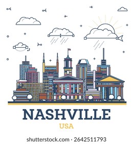 Outline Nashville USA city skyline with colored modern and historic buildings isolated on white. Vector illustration. Nashville cityscape with landmarks.