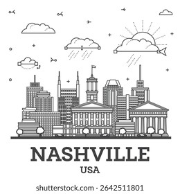Outline Nashville USA city skyline with modern and historic buildings isolated on white. Vector illustration. Nashville cityscape with landmarks.