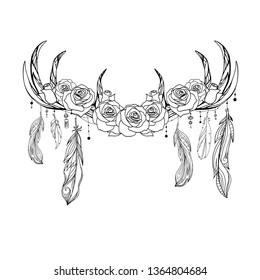 Outline native drawing of deer antlers with feathers and roses. Tribal illustration. Vector boho element for cards, frames, invitation, t-shirt printing and your design.