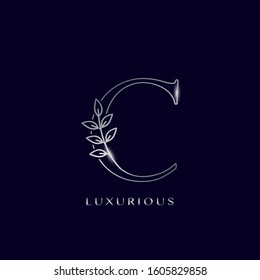 Outline Nature Leaves Initial Letter C logo icon. Silver vector design concept  isolation on blue background color for luxuries business.