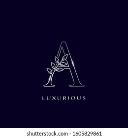 Outline Nature Leaves Initial Letter A logo icon. Silver vector design concept  isolation on blue background color for luxuries business.