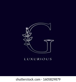 Outline Nature Leaves Initial Letter G logo icon. Silver vector design concept  isolation on blue background color for luxuries business.