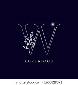 Outline Nature Leaves Initial Letter W logo icon. Silver vector design concept  isolation on blue background color for luxuries business.