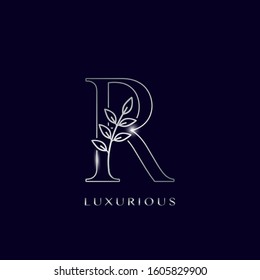 Outline Nature Leaves Initial Letter R logo icon. Silver vector design concept  isolation on blue background color for luxuries business.