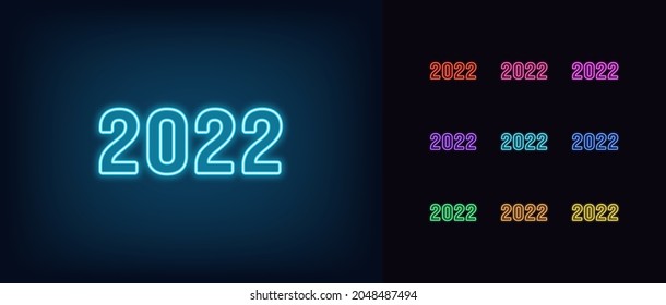 Icono Esbozo neon 2022. Signo de neón brillante de 2022 años, número establecido en colores vivos. Dígitos aislados con luz azul, roja, amarilla y violeta. Juego de iconos vectores, signo, símbolo para la interfaz de usuario