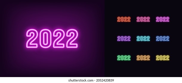 Esbozo neón 2022 año. Icono de neón brillante 2022, números en colores vivos. Dígitos aislados con luz morada, azul, roja y amarilla. Juego de iconos vectores, signo, símbolo para la interfaz de usuario