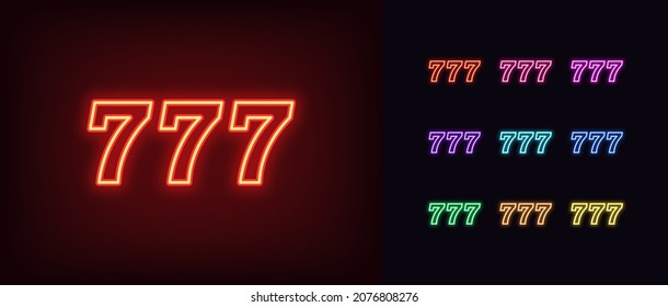 Outline neon 777 icon. Glowing neon 777 sign, lucky number pictogram in vivid colors. Big win and jackpot, online casino game, lucky chance and fortune. Vector icon set, symbol for UI