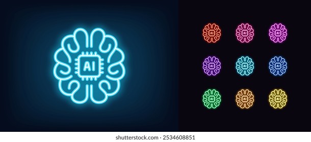 Outline neon AI brain icon set. Glowing neon human brain with integrated AI chip, artificial intelligence algorithms. Artificial mind, machine learning, data analysis system, digital education. Vector